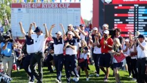 United States celebrate on the 18th green at Ryder Cup