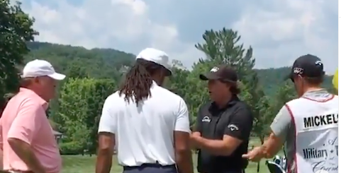 Phil Mickelson gives NFL star Larry Fitzgerald an impromptu chipping lesson, Tips from the short game legend himself. Phil Mickelson gives an  impromptu chipping lesson to NFL star Larry Fitzgerald.