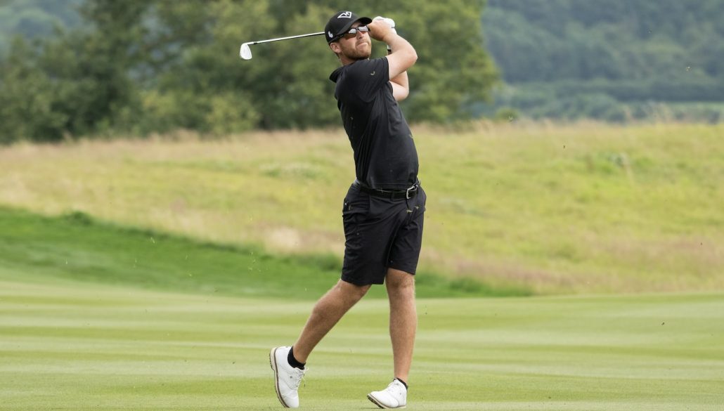 Andy Ogletree of HyFlyers GC hits his shot on the fourth hole during the practice round before the start of LIV Golf United Kingdom by JCB at JCB Golf & Country Club. (Photo by Charles Laberge/LIV Golf)