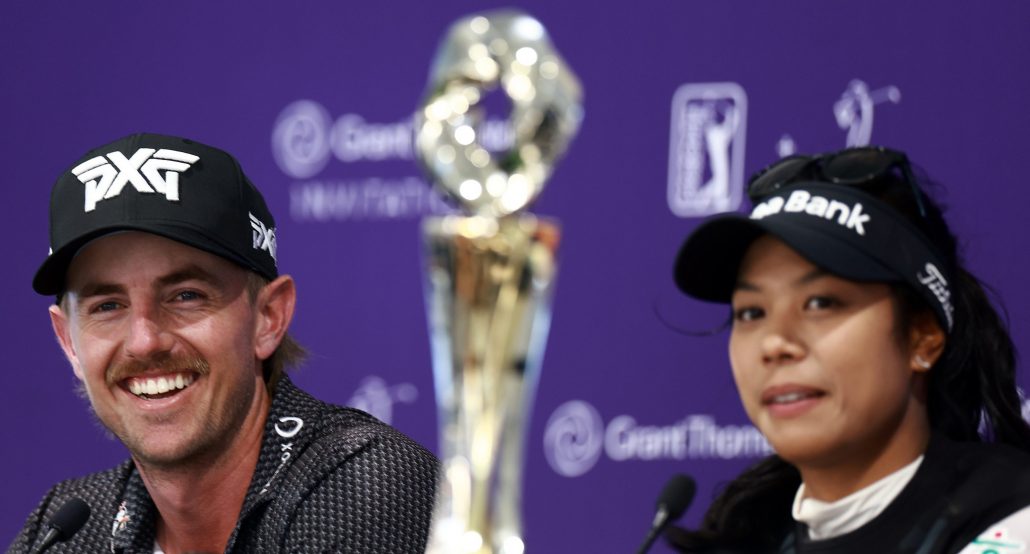 NAPLES, FLORIDA - DECEMBER 15: Patty Tavatanakit of Thailand and Jake Knapp of the United States speak during a press conference after their win on the 18th green during the final round of the Grant Thornton Invitational 2024 at Tiburon Golf Club on December 15, 2024 in Naples, Florida. (Photo by Carmen Mandato/Getty Images)